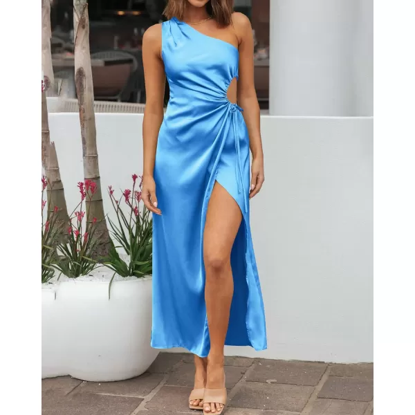 imageBTFBM Women 2023 One Shoulder Prom Dresses Sleeveless Cutout Ruched Adjustable Split Satin Party Cocktail Maxi DressSolid Sky Blue