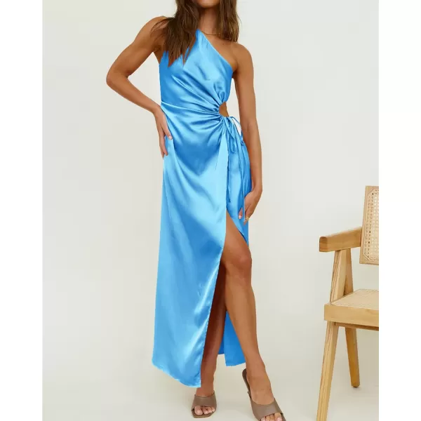 imageBTFBM Women 2023 One Shoulder Prom Dresses Sleeveless Cutout Ruched Adjustable Split Satin Party Cocktail Maxi DressSolid Sky Blue