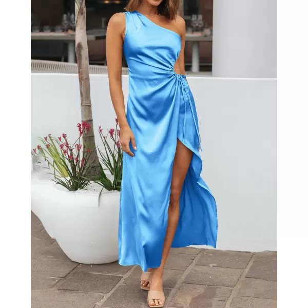 imageBTFBM Women 2023 One Shoulder Prom Dresses Sleeveless Cutout Ruched Adjustable Split Satin Party Cocktail Maxi DressSolid Sky Blue