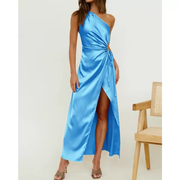 imageBTFBM Women 2023 One Shoulder Prom Dresses Sleeveless Cutout Ruched Adjustable Split Satin Party Cocktail Maxi DressSolid Sky Blue