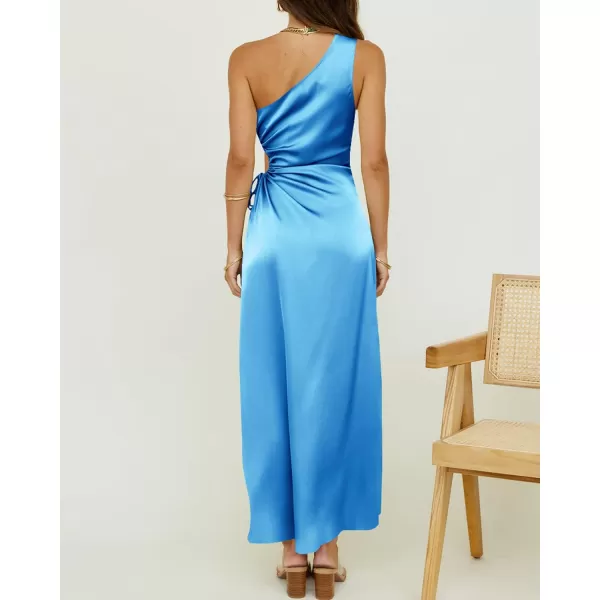 imageBTFBM Women 2023 One Shoulder Prom Dresses Sleeveless Cutout Ruched Adjustable Split Satin Party Cocktail Maxi DressSolid Sky Blue