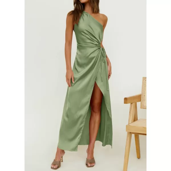 imageBTFBM Women 2023 One Shoulder Prom Dresses Sleeveless Cutout Ruched Adjustable Split Satin Party Cocktail Maxi DressSolid Tender Green