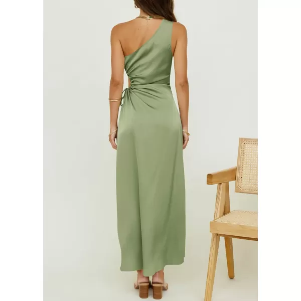 imageBTFBM Women 2023 One Shoulder Prom Dresses Sleeveless Cutout Ruched Adjustable Split Satin Party Cocktail Maxi DressSolid Tender Green