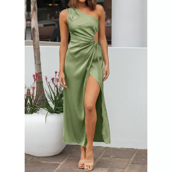 imageBTFBM Women 2023 One Shoulder Prom Dresses Sleeveless Cutout Ruched Adjustable Split Satin Party Cocktail Maxi DressSolid Tender Green