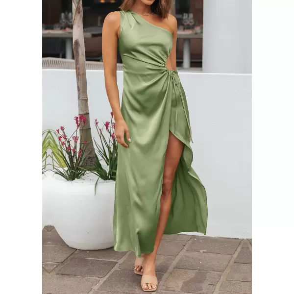 imageBTFBM Women 2023 One Shoulder Prom Dresses Sleeveless Cutout Ruched Adjustable Split Satin Party Cocktail Maxi DressSolid Tender Green