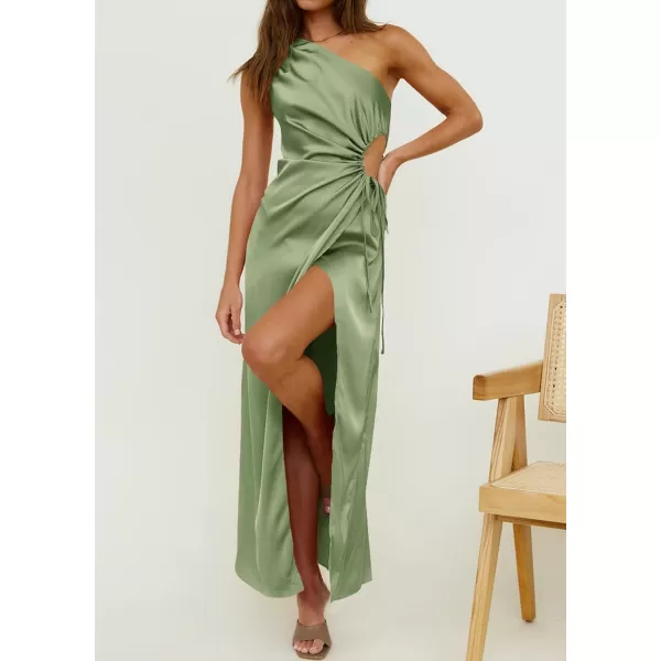 imageBTFBM Women 2023 One Shoulder Prom Dresses Sleeveless Cutout Ruched Adjustable Split Satin Party Cocktail Maxi DressSolid Tender Green
