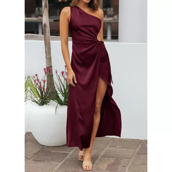 imageBTFBM Women 2023 One Shoulder Prom Dresses Sleeveless Cutout Ruched Adjustable Split Satin Party Cocktail Maxi DressSolid Wine Red