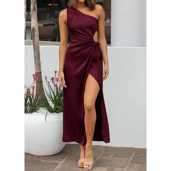 imageBTFBM Women 2023 One Shoulder Prom Dresses Sleeveless Cutout Ruched Adjustable Split Satin Party Cocktail Maxi DressSolid Wine Red