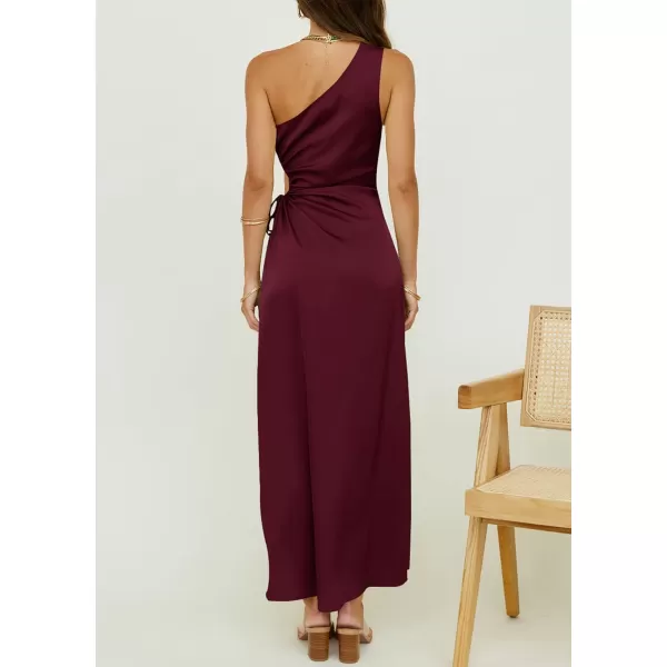 imageBTFBM Women 2023 One Shoulder Prom Dresses Sleeveless Cutout Ruched Adjustable Split Satin Party Cocktail Maxi DressSolid Wine Red