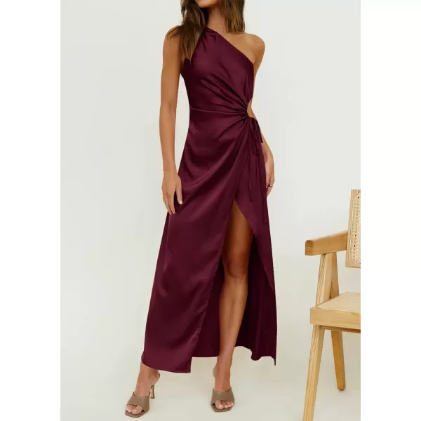 imageBTFBM Women 2023 One Shoulder Prom Dresses Sleeveless Cutout Ruched Adjustable Split Satin Party Cocktail Maxi DressSolid Wine Red