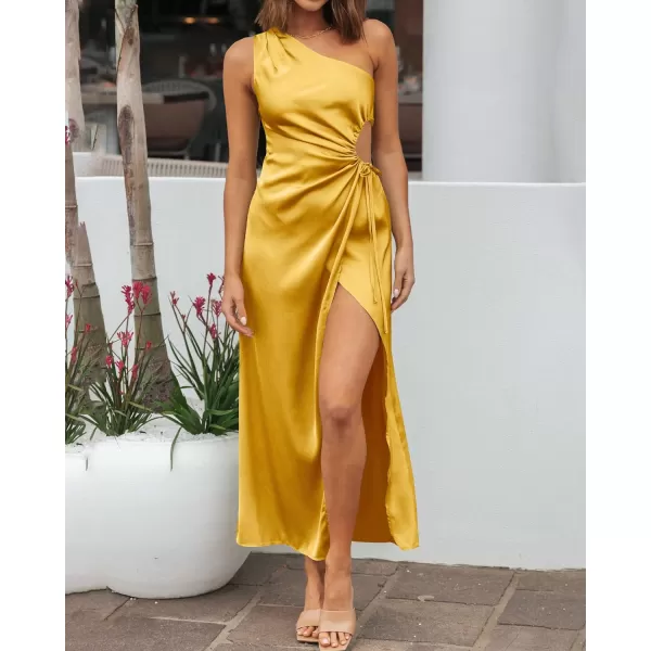 imageBTFBM Women 2023 One Shoulder Prom Dresses Sleeveless Cutout Ruched Adjustable Split Satin Party Cocktail Maxi DressSolid Yellow