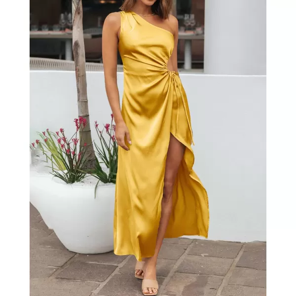 imageBTFBM Women 2023 One Shoulder Prom Dresses Sleeveless Cutout Ruched Adjustable Split Satin Party Cocktail Maxi DressSolid Yellow