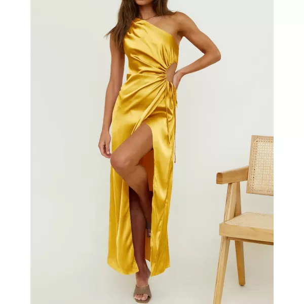 imageBTFBM Women 2023 One Shoulder Prom Dresses Sleeveless Cutout Ruched Adjustable Split Satin Party Cocktail Maxi DressSolid Yellow