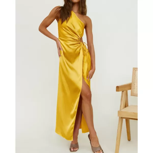 imageBTFBM Women 2023 One Shoulder Prom Dresses Sleeveless Cutout Ruched Adjustable Split Satin Party Cocktail Maxi DressSolid Yellow