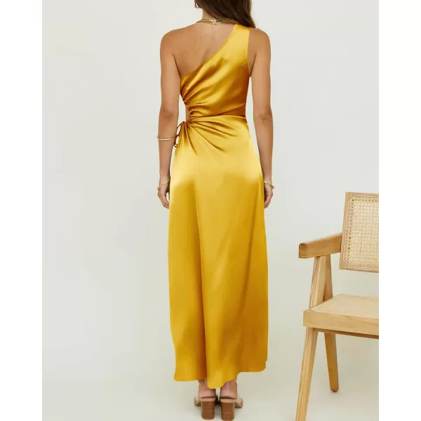 imageBTFBM Women 2023 One Shoulder Prom Dresses Sleeveless Cutout Ruched Adjustable Split Satin Party Cocktail Maxi DressSolid Yellow