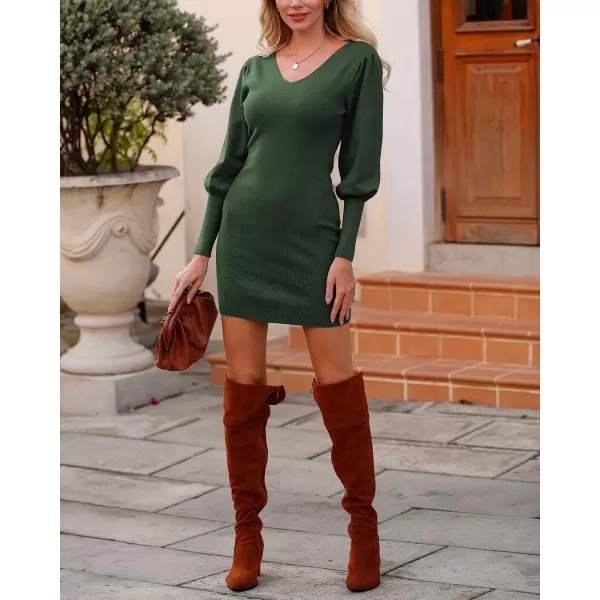 imageBTFBM Women 2023 Pullover Sweater Dress V Neck Long Sleeve Bodycon Embroidered Back Party Rib Knit Mini Fall DressesSolid Army Green