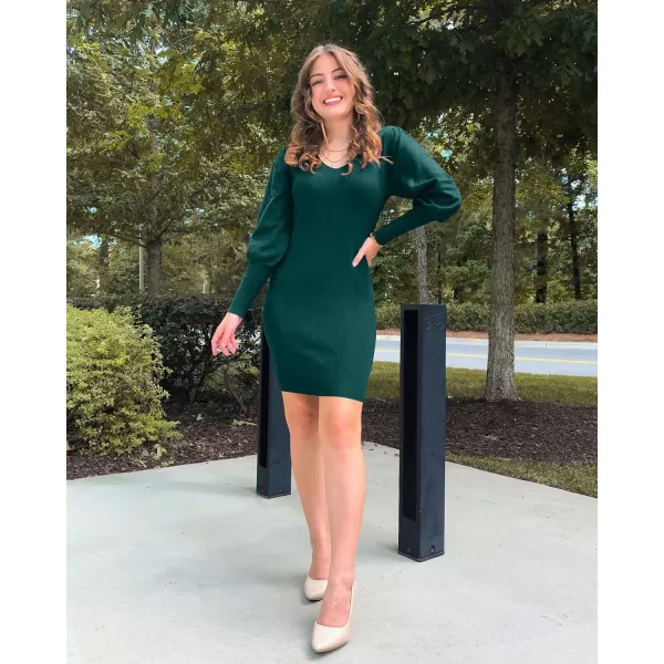 imageBTFBM Women 2023 Pullover Sweater Dress V Neck Long Sleeve Bodycon Embroidered Back Party Rib Knit Mini Fall DressesSolid Dark Green