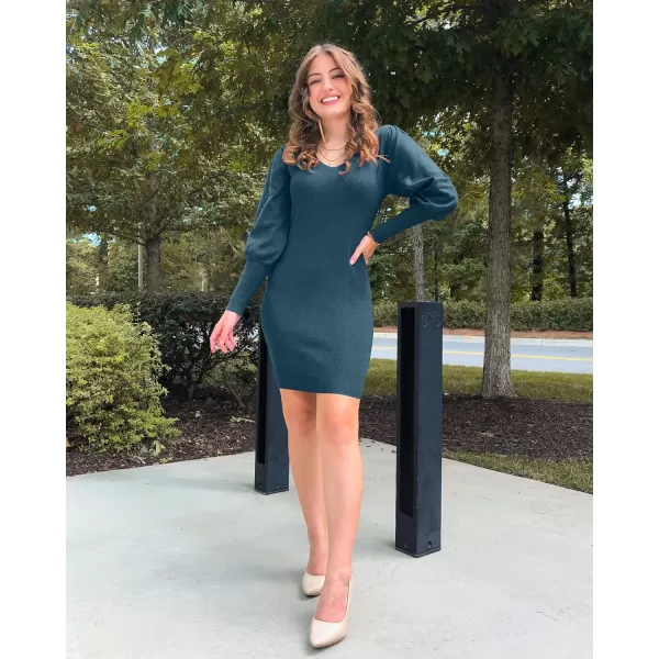 imageBTFBM Women 2023 Pullover Sweater Dress V Neck Long Sleeve Bodycon Embroidered Back Party Rib Knit Mini Fall DressesSolid Dark Grey Blue