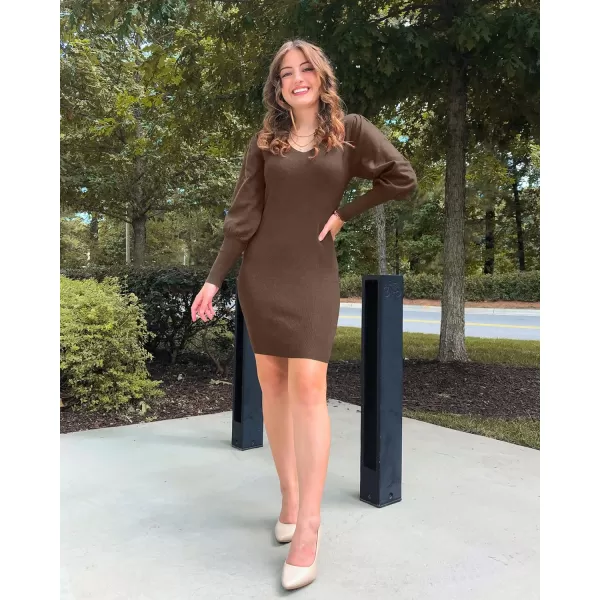 imageBTFBM Women 2023 Pullover Sweater Dress V Neck Long Sleeve Bodycon Embroidered Back Party Rib Knit Mini Fall DressesSolid Light Coffee