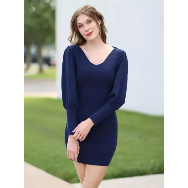 imageBTFBM Women 2023 Pullover Sweater Dress V Neck Long Sleeve Bodycon Embroidered Back Party Rib Knit Mini Fall DressesSolid Navy