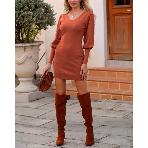 imageBTFBM Women 2023 Pullover Sweater Dress V Neck Long Sleeve Bodycon Embroidered Back Party Rib Knit Mini Fall DressesSolid Rust Red