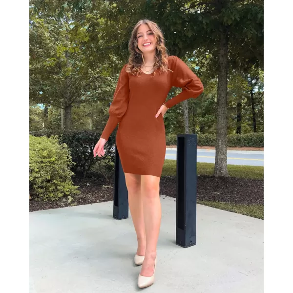 imageBTFBM Women 2023 Pullover Sweater Dress V Neck Long Sleeve Bodycon Embroidered Back Party Rib Knit Mini Fall DressesSolid Rust Red