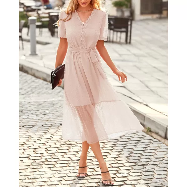 imageBTFBM Women 2023 Summer Boho Midi Dress Short Sleeve V Neck Swiss Dot Belted High Waist Ruffle Tiered ALine Beach DressSwiss Dot Apricot