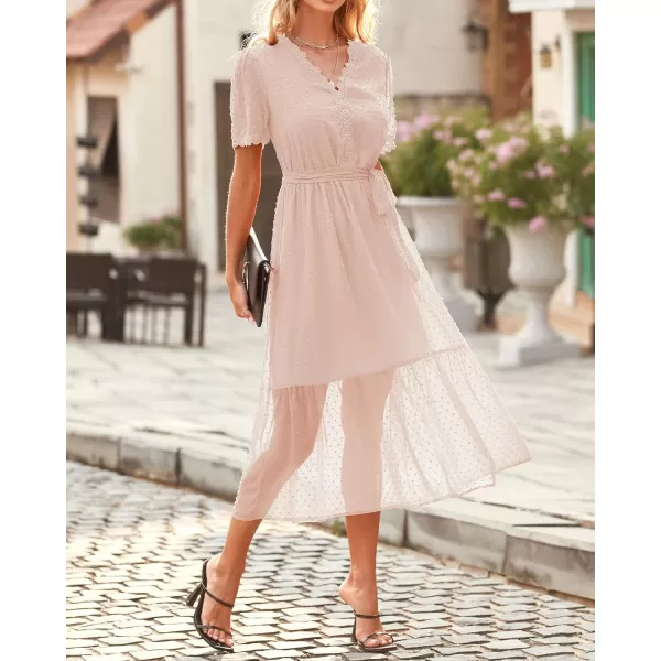 imageBTFBM Women 2023 Summer Boho Midi Dress Short Sleeve V Neck Swiss Dot Belted High Waist Ruffle Tiered ALine Beach DressSwiss Dot Apricot