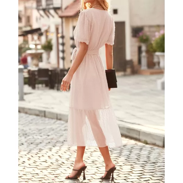 imageBTFBM Women 2023 Summer Boho Midi Dress Short Sleeve V Neck Swiss Dot Belted High Waist Ruffle Tiered ALine Beach DressSwiss Dot Apricot