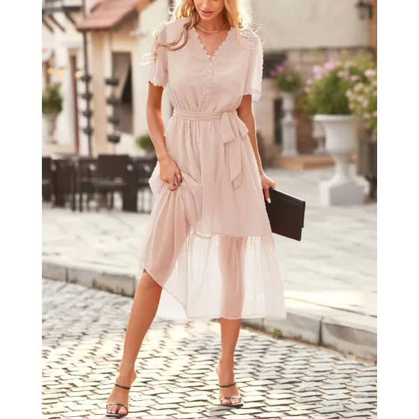 imageBTFBM Women 2023 Summer Boho Midi Dress Short Sleeve V Neck Swiss Dot Belted High Waist Ruffle Tiered ALine Beach DressSwiss Dot Apricot