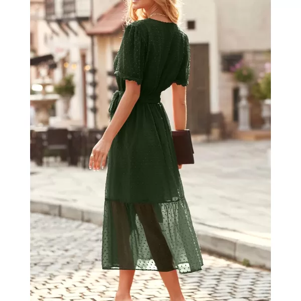 imageBTFBM Women 2023 Summer Boho Midi Dress Short Sleeve V Neck Swiss Dot Belted High Waist Ruffle Tiered ALine Beach DressSwiss Dot Army Green
