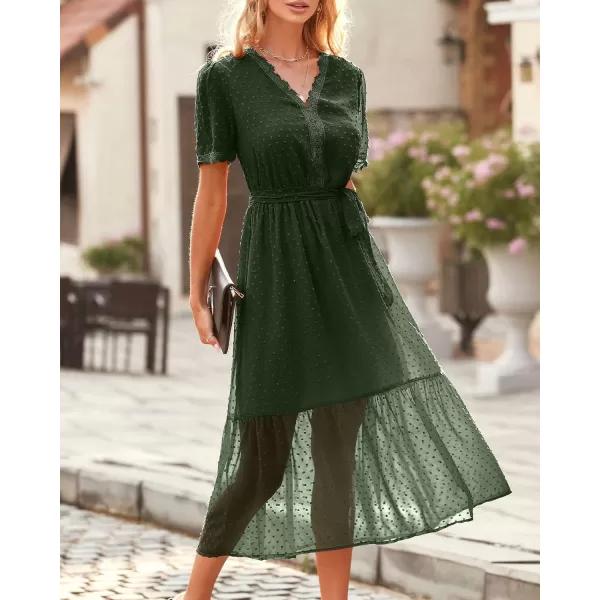 imageBTFBM Women 2023 Summer Boho Midi Dress Short Sleeve V Neck Swiss Dot Belted High Waist Ruffle Tiered ALine Beach DressSwiss Dot Army Green