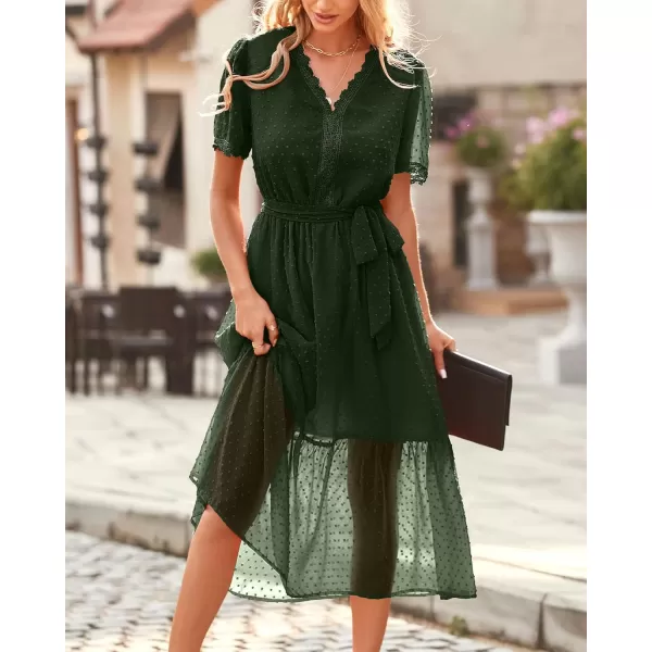 imageBTFBM Women 2023 Summer Boho Midi Dress Short Sleeve V Neck Swiss Dot Belted High Waist Ruffle Tiered ALine Beach DressSwiss Dot Army Green