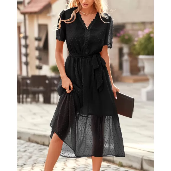 imageBTFBM Women 2023 Summer Boho Midi Dress Short Sleeve V Neck Swiss Dot Belted High Waist Ruffle Tiered ALine Beach DressSwiss Dot Black