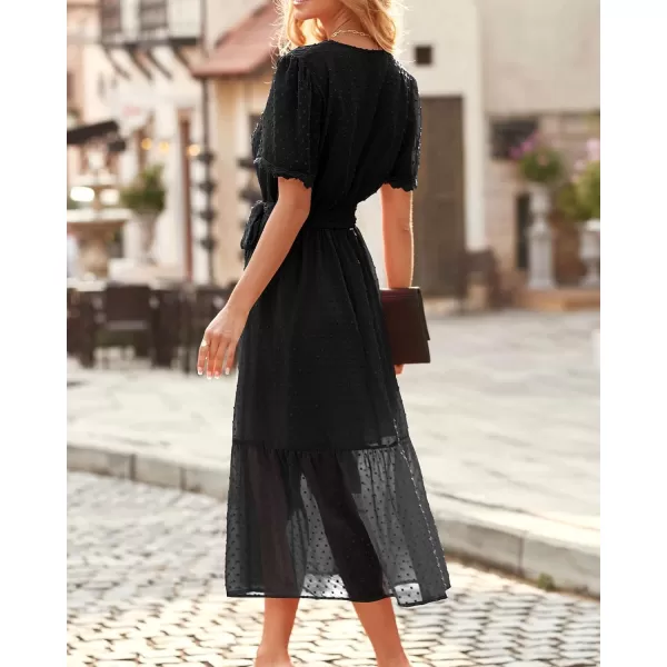 imageBTFBM Women 2023 Summer Boho Midi Dress Short Sleeve V Neck Swiss Dot Belted High Waist Ruffle Tiered ALine Beach DressSwiss Dot Black