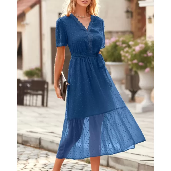 imageBTFBM Women 2023 Summer Boho Midi Dress Short Sleeve V Neck Swiss Dot Belted High Waist Ruffle Tiered ALine Beach DressSwiss Dot Blue