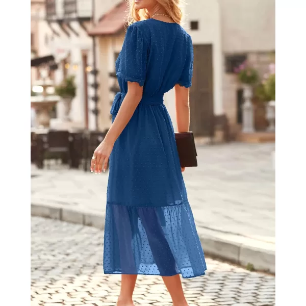 imageBTFBM Women 2023 Summer Boho Midi Dress Short Sleeve V Neck Swiss Dot Belted High Waist Ruffle Tiered ALine Beach DressSwiss Dot Blue