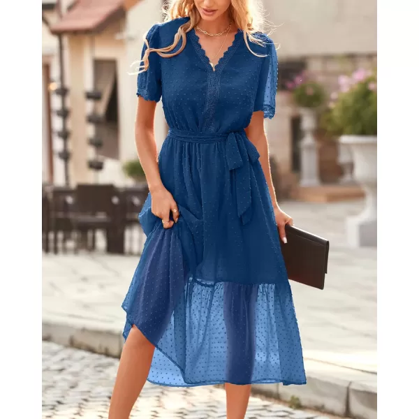 imageBTFBM Women 2023 Summer Boho Midi Dress Short Sleeve V Neck Swiss Dot Belted High Waist Ruffle Tiered ALine Beach DressSwiss Dot Blue