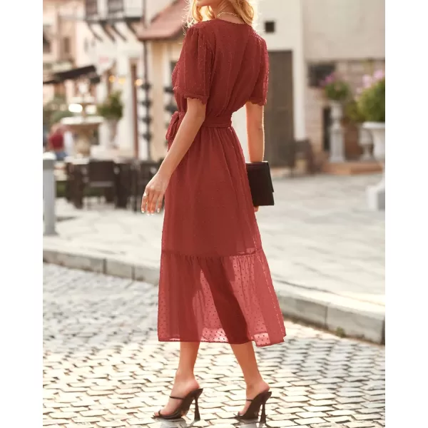 imageBTFBM Women 2023 Summer Boho Midi Dress Short Sleeve V Neck Swiss Dot Belted High Waist Ruffle Tiered ALine Beach DressSwiss Dot Brown