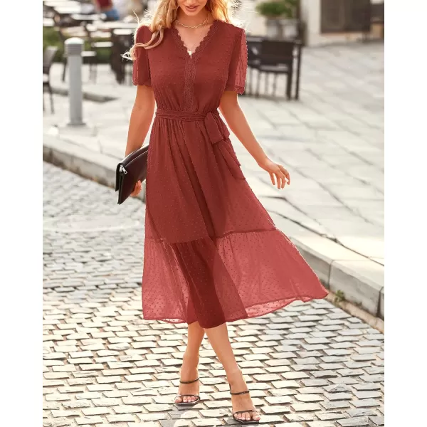 imageBTFBM Women 2023 Summer Boho Midi Dress Short Sleeve V Neck Swiss Dot Belted High Waist Ruffle Tiered ALine Beach DressSwiss Dot Brown
