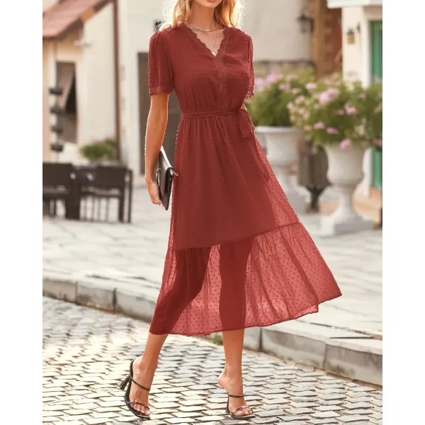 imageBTFBM Women 2023 Summer Boho Midi Dress Short Sleeve V Neck Swiss Dot Belted High Waist Ruffle Tiered ALine Beach DressSwiss Dot Brown