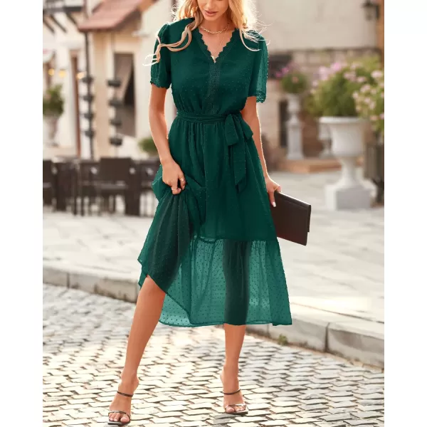 imageBTFBM Women 2023 Summer Boho Midi Dress Short Sleeve V Neck Swiss Dot Belted High Waist Ruffle Tiered ALine Beach DressSwiss Dot Dark Green