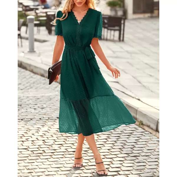 imageBTFBM Women 2023 Summer Boho Midi Dress Short Sleeve V Neck Swiss Dot Belted High Waist Ruffle Tiered ALine Beach DressSwiss Dot Dark Green