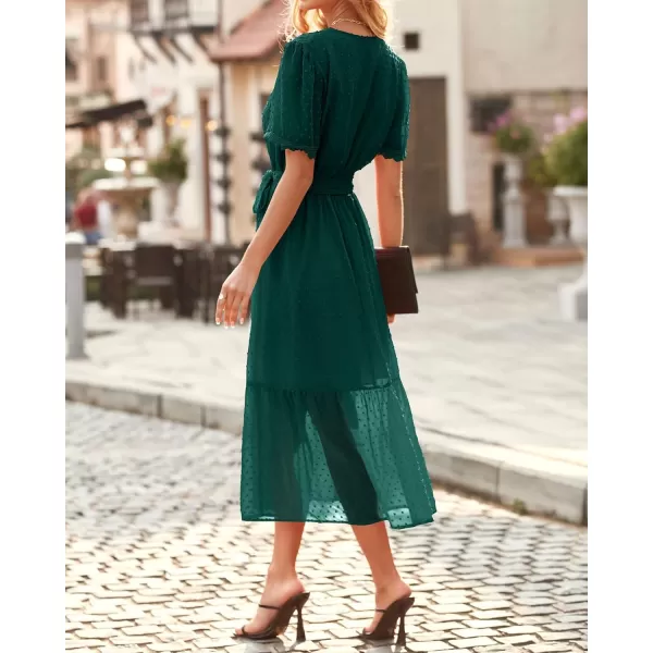 imageBTFBM Women 2023 Summer Boho Midi Dress Short Sleeve V Neck Swiss Dot Belted High Waist Ruffle Tiered ALine Beach DressSwiss Dot Dark Green