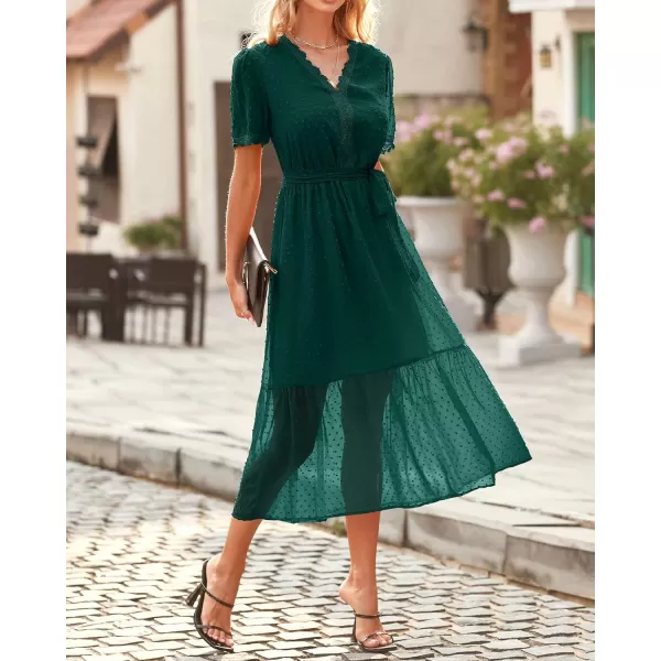 imageBTFBM Women 2023 Summer Boho Midi Dress Short Sleeve V Neck Swiss Dot Belted High Waist Ruffle Tiered ALine Beach DressSwiss Dot Dark Green