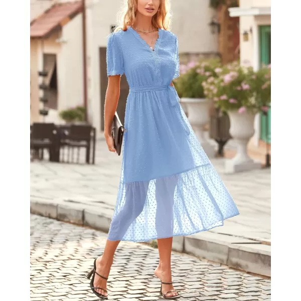 imageBTFBM Women 2023 Summer Boho Midi Dress Short Sleeve V Neck Swiss Dot Belted High Waist Ruffle Tiered ALine Beach DressSwiss Dot Light Blue