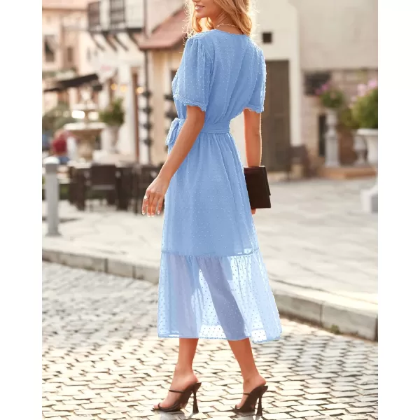 imageBTFBM Women 2023 Summer Boho Midi Dress Short Sleeve V Neck Swiss Dot Belted High Waist Ruffle Tiered ALine Beach DressSwiss Dot Light Blue