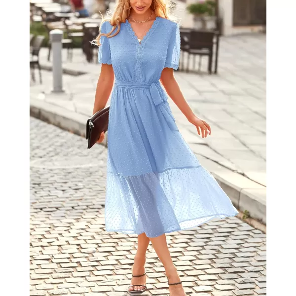 imageBTFBM Women 2023 Summer Boho Midi Dress Short Sleeve V Neck Swiss Dot Belted High Waist Ruffle Tiered ALine Beach DressSwiss Dot Light Blue