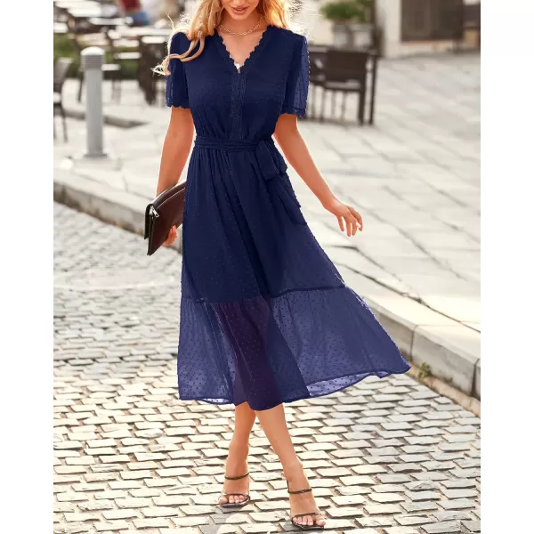 imageBTFBM Women 2023 Summer Boho Midi Dress Short Sleeve V Neck Swiss Dot Belted High Waist Ruffle Tiered ALine Beach DressSwiss Dot Navy