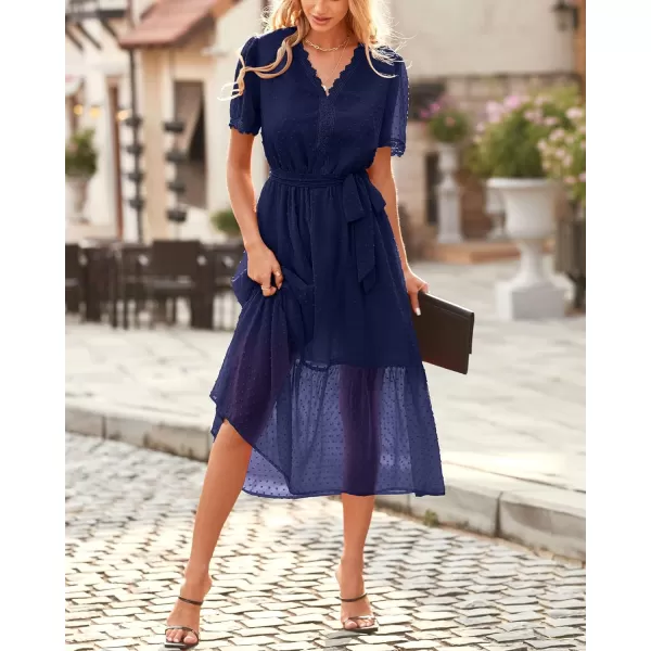 imageBTFBM Women 2023 Summer Boho Midi Dress Short Sleeve V Neck Swiss Dot Belted High Waist Ruffle Tiered ALine Beach DressSwiss Dot Navy